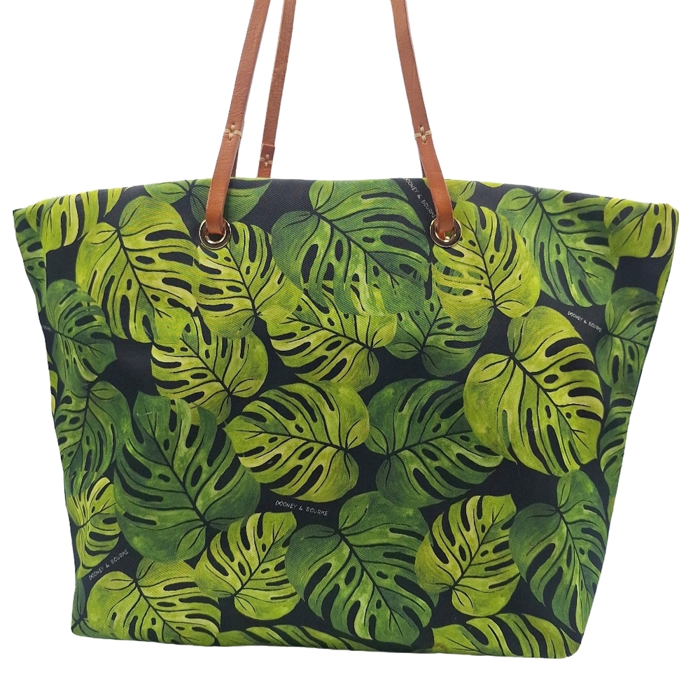 Dooney & Bourke Green Tropical Leaf Canvas Tote with Tan Leather Straps - Picture 3 of 11